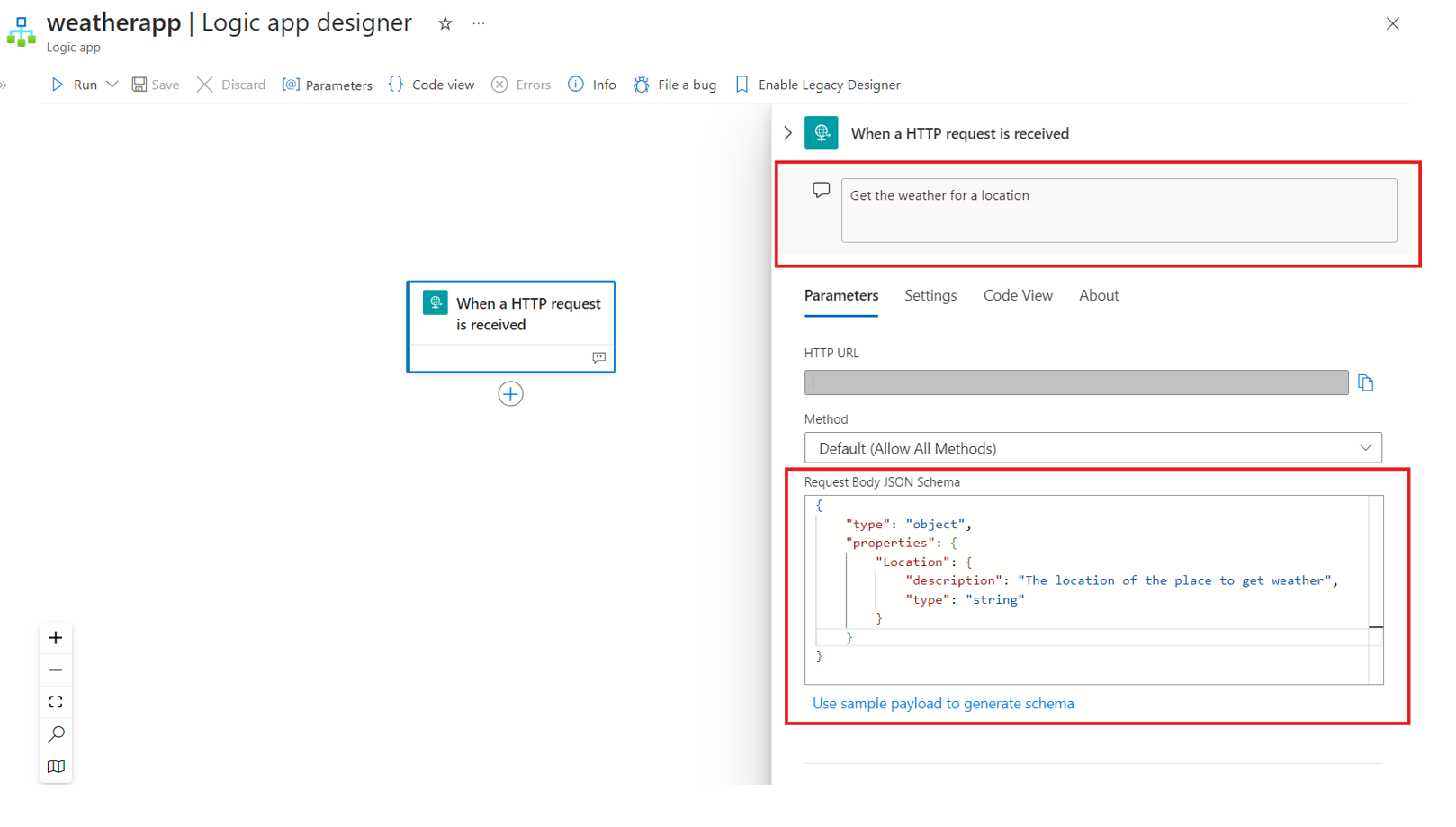 A screenshot showing an example request schema.