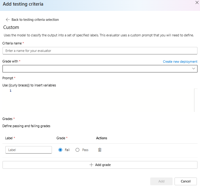 Screenshot of the custom prompt testing criteria.