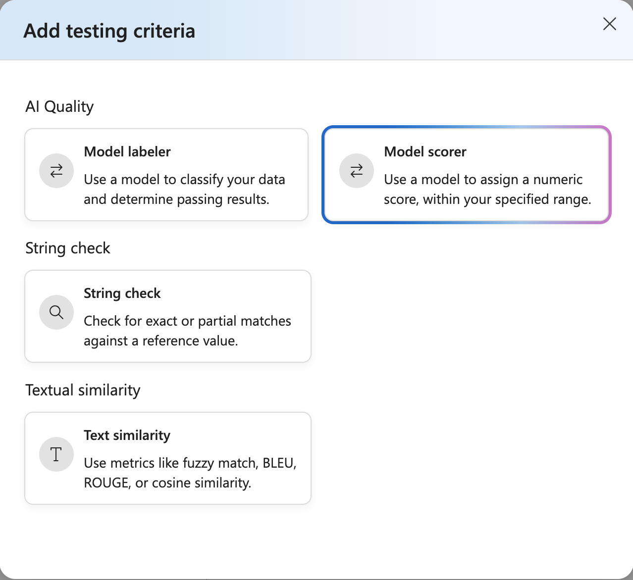 Screenshot of the semantic similarity UX config highlighting Model scorer.
