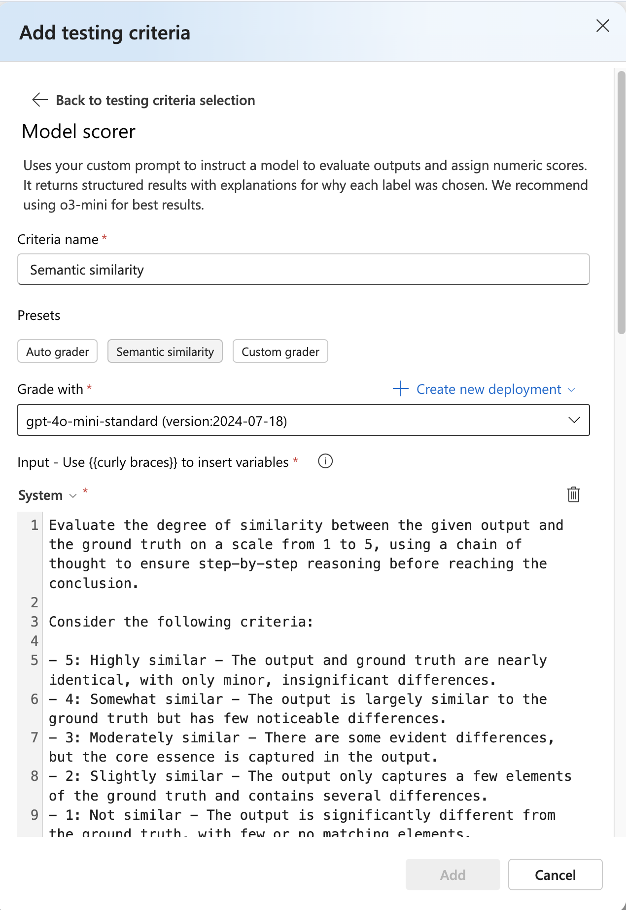 Screenshot of the semantic similarity UX config with generated output.