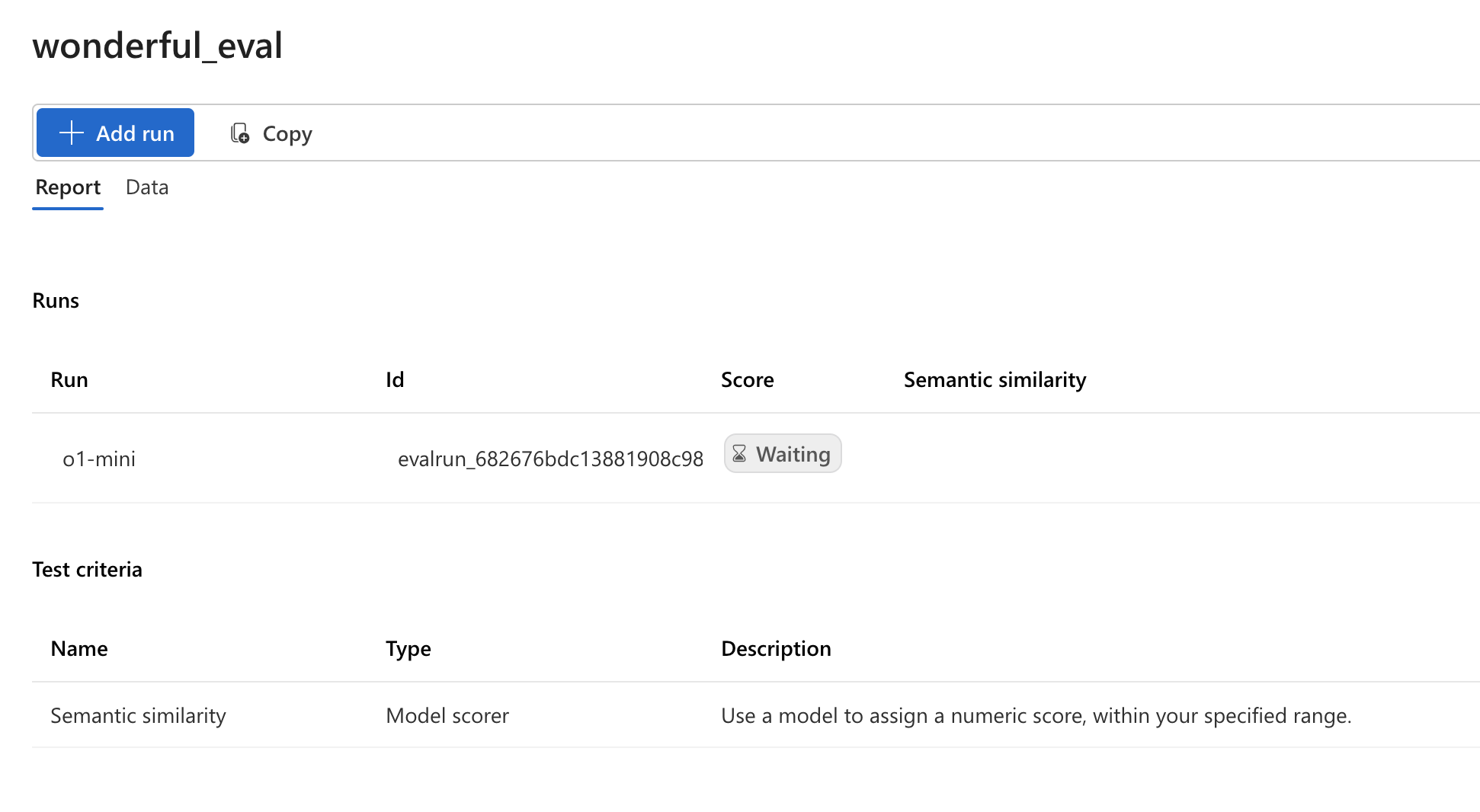 Screenshot of the evaluation job submit UX, with a status of waiting.