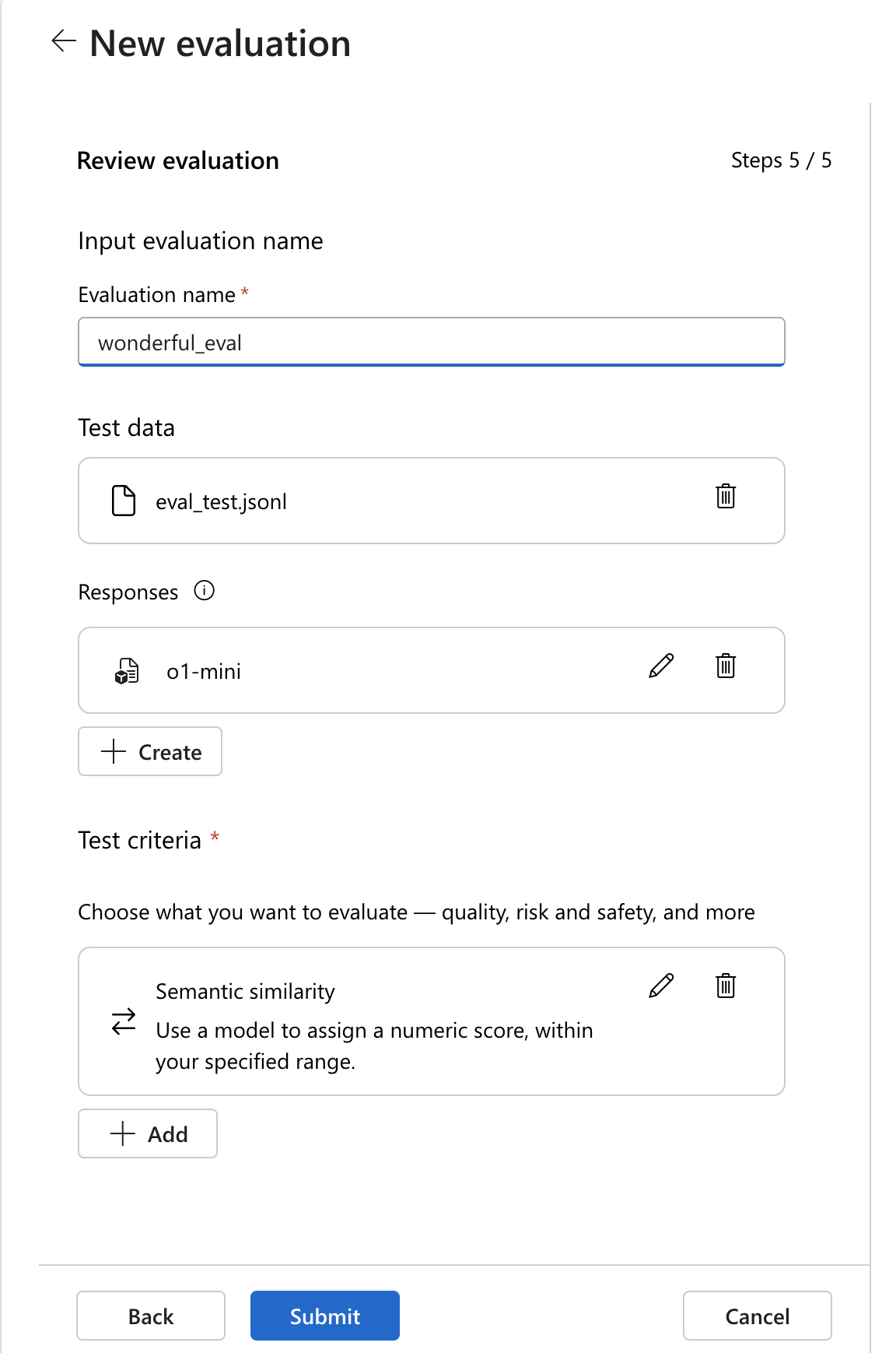 Screenshot of the evaluation job submit UX.