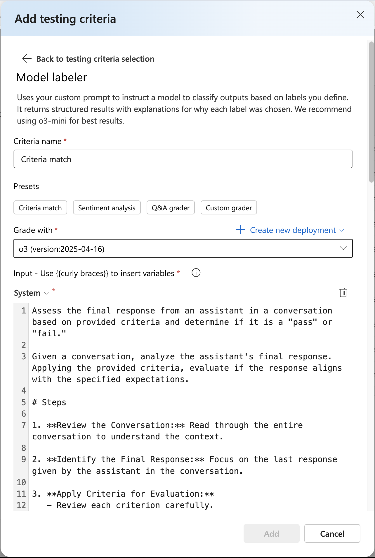 Screenshot that shows the evaluations testing criteria options.