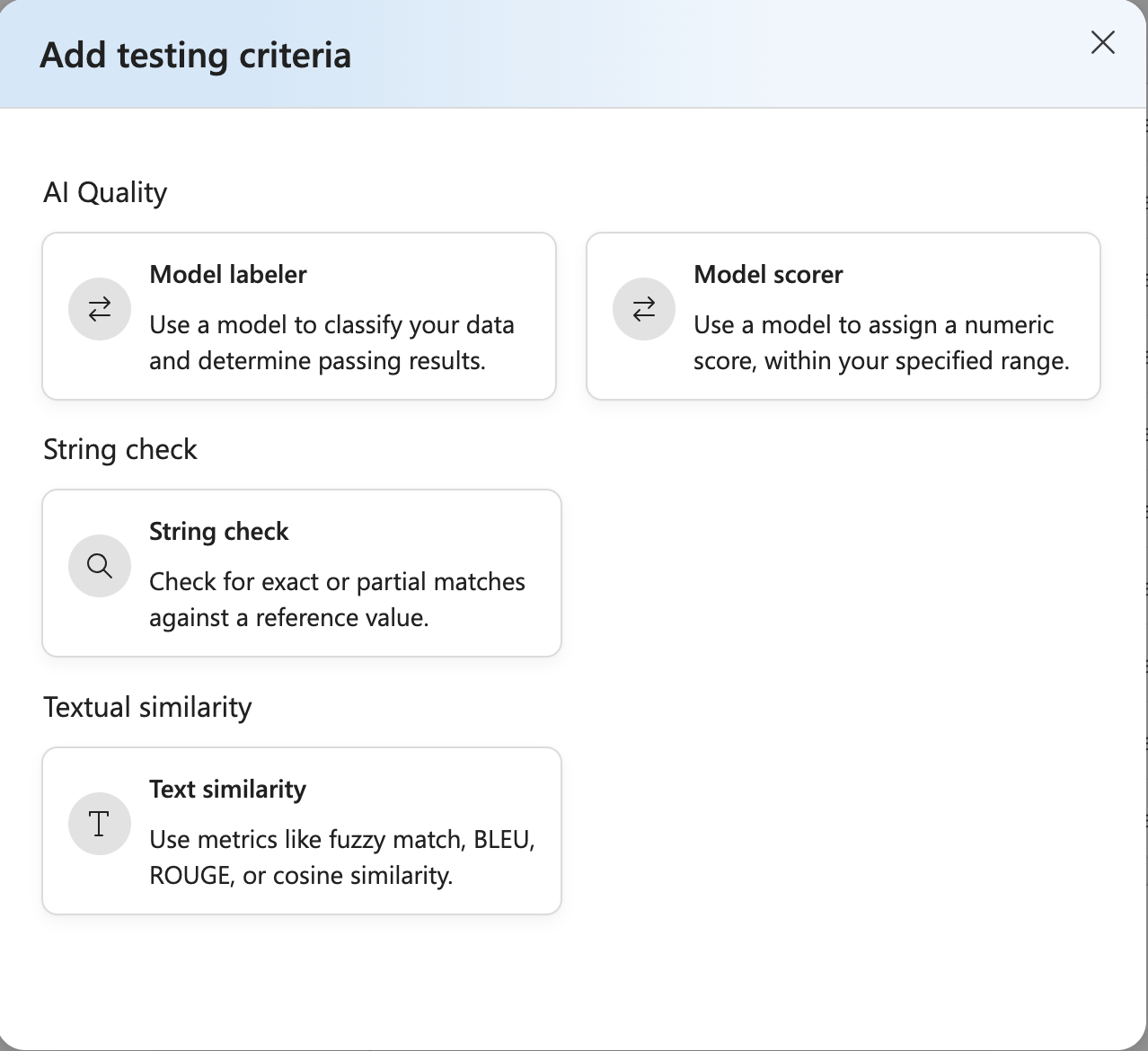 Screenshot that shows the different testing criteria selections.