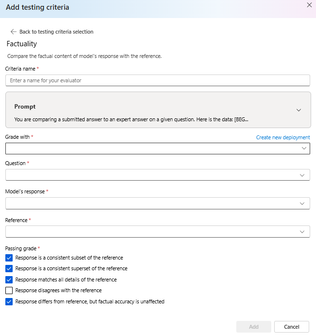 Screenshot of the factuality testing criteria.