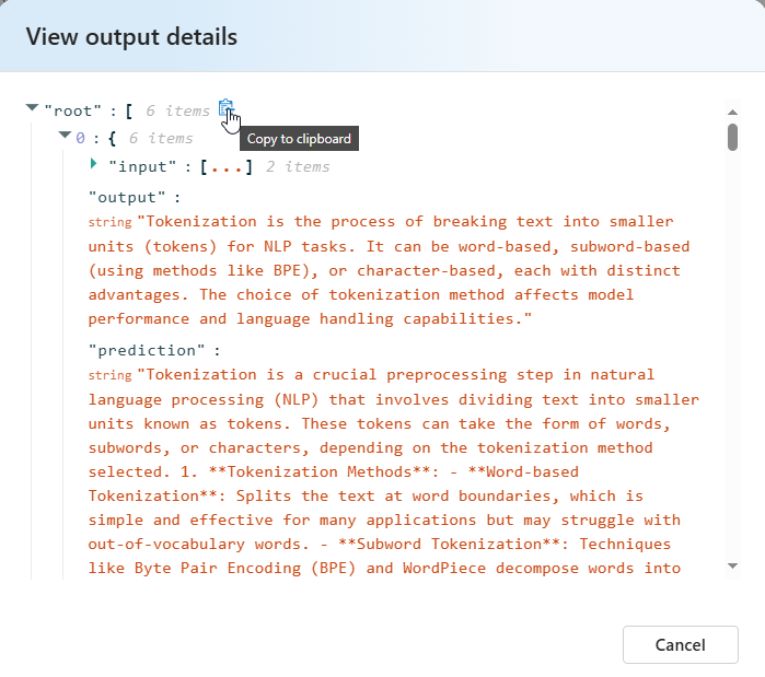Screenshot of the evaluation status UX with output details.