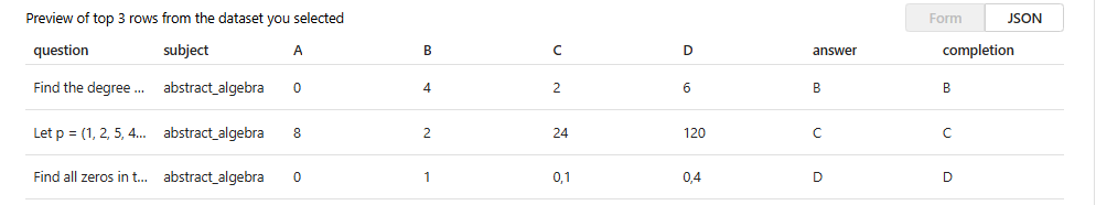 Screenshot that shows a preview of an uploaded evaluation training file for question and answer pairs.