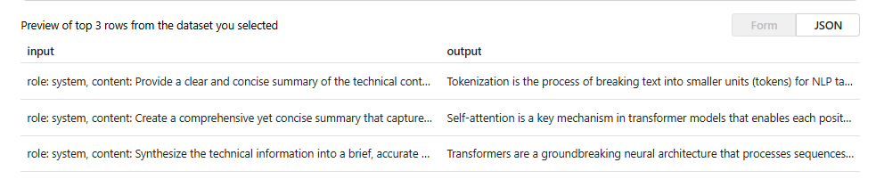 Screenshot that shows a preview of an uploaded evaluation training file for summarization tasks.