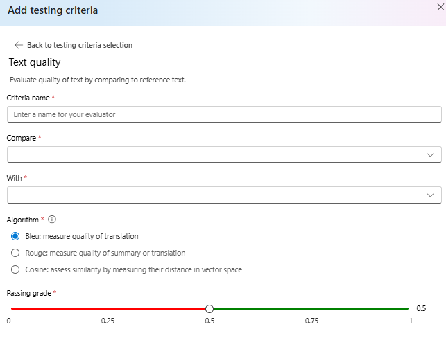 Screenshot of the text quality testing criteria.