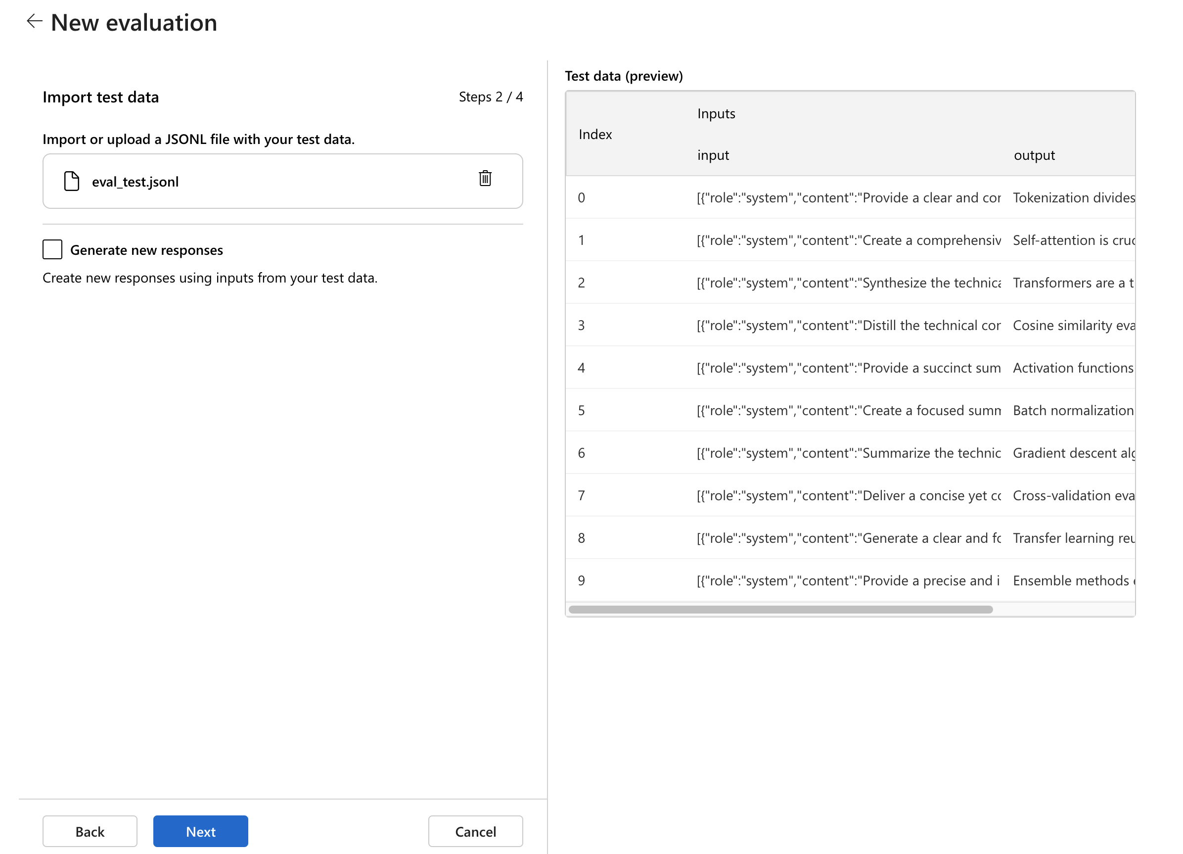Screenshot of data upload with example selection.