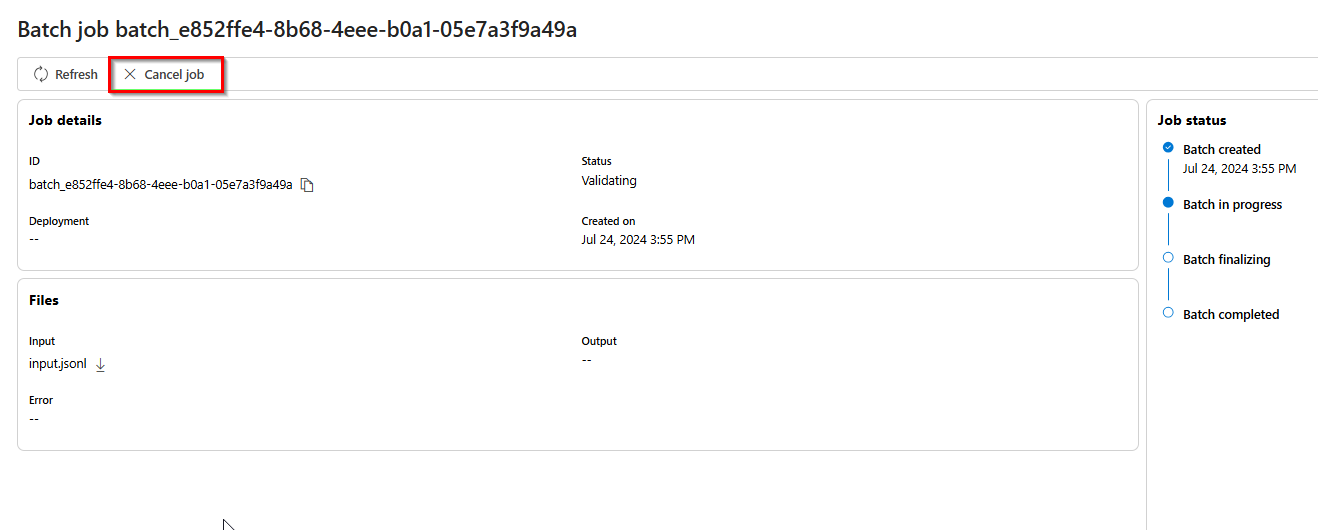 Screenshot that shows the batch job cancel button in Azure AI Foundry portal.