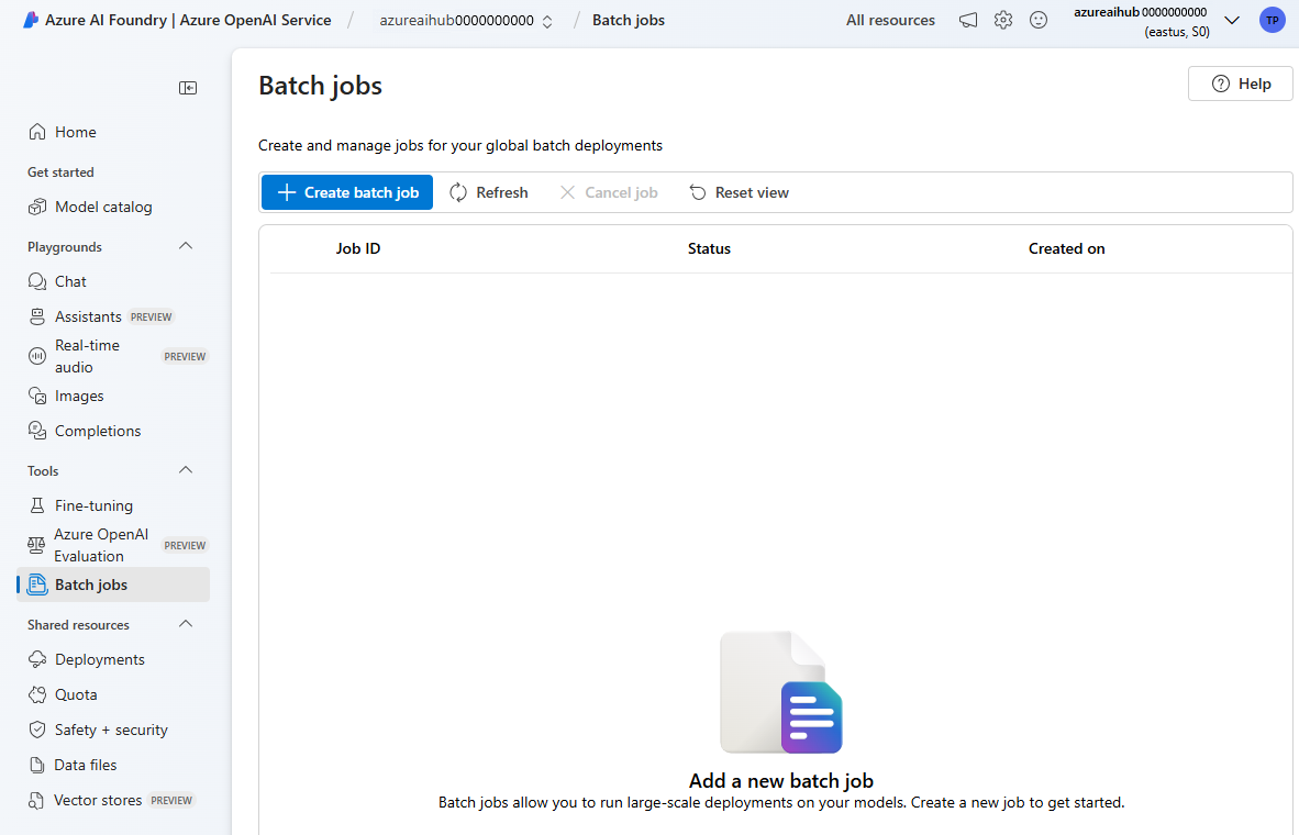 Screenshot that shows the batch job creation experience in Azure AI Foundry portal.