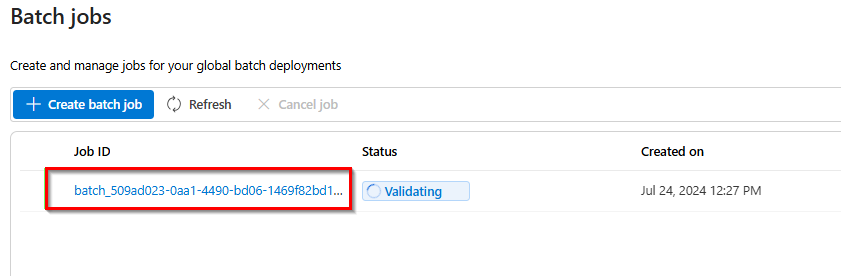 Screenshot that shows the batch job ID for a job currently undergoing validation.