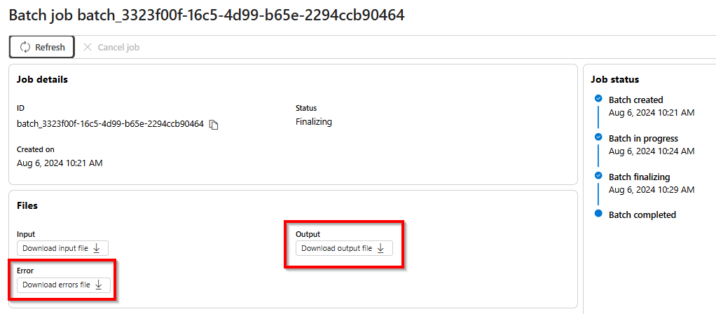 Screenshot that shows the batch job output and error files available for download.