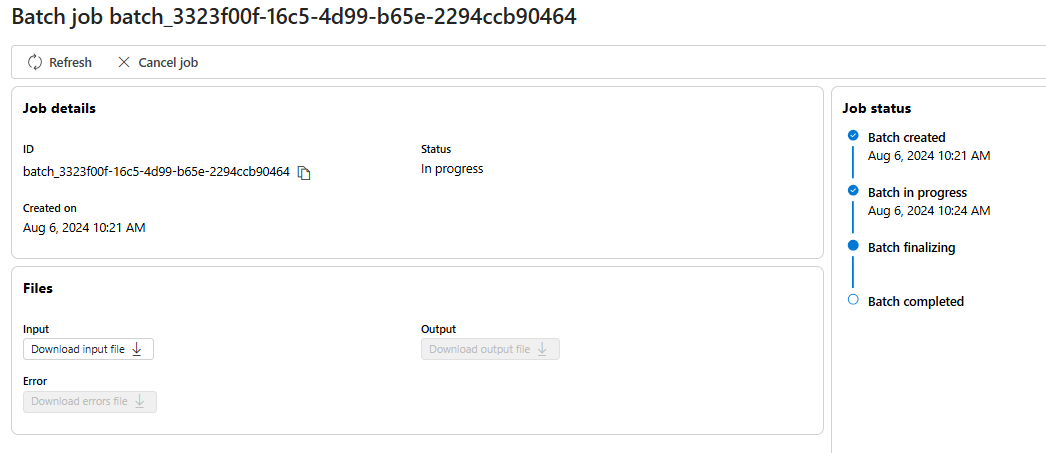 Screenshot that shows the batch job status experience in Azure AI Foundry portal.