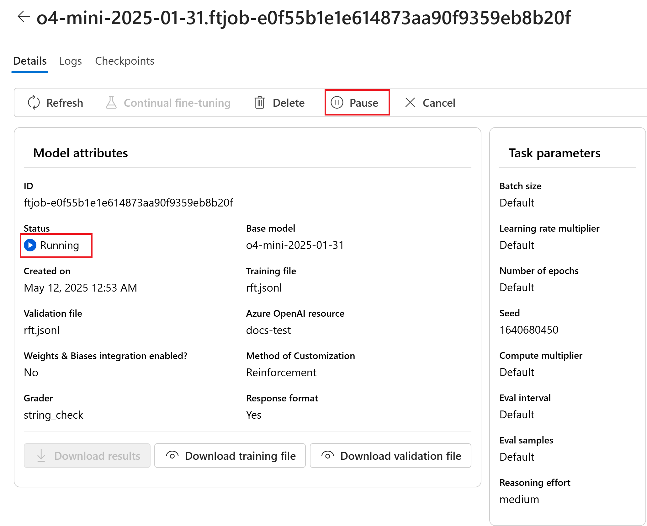 Screenshot of the reinforcement fine-tuning with a running job.