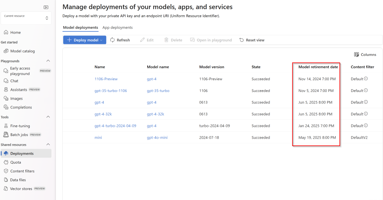 Screenshot of the deployment UI of the Azure AI Foundry portal.