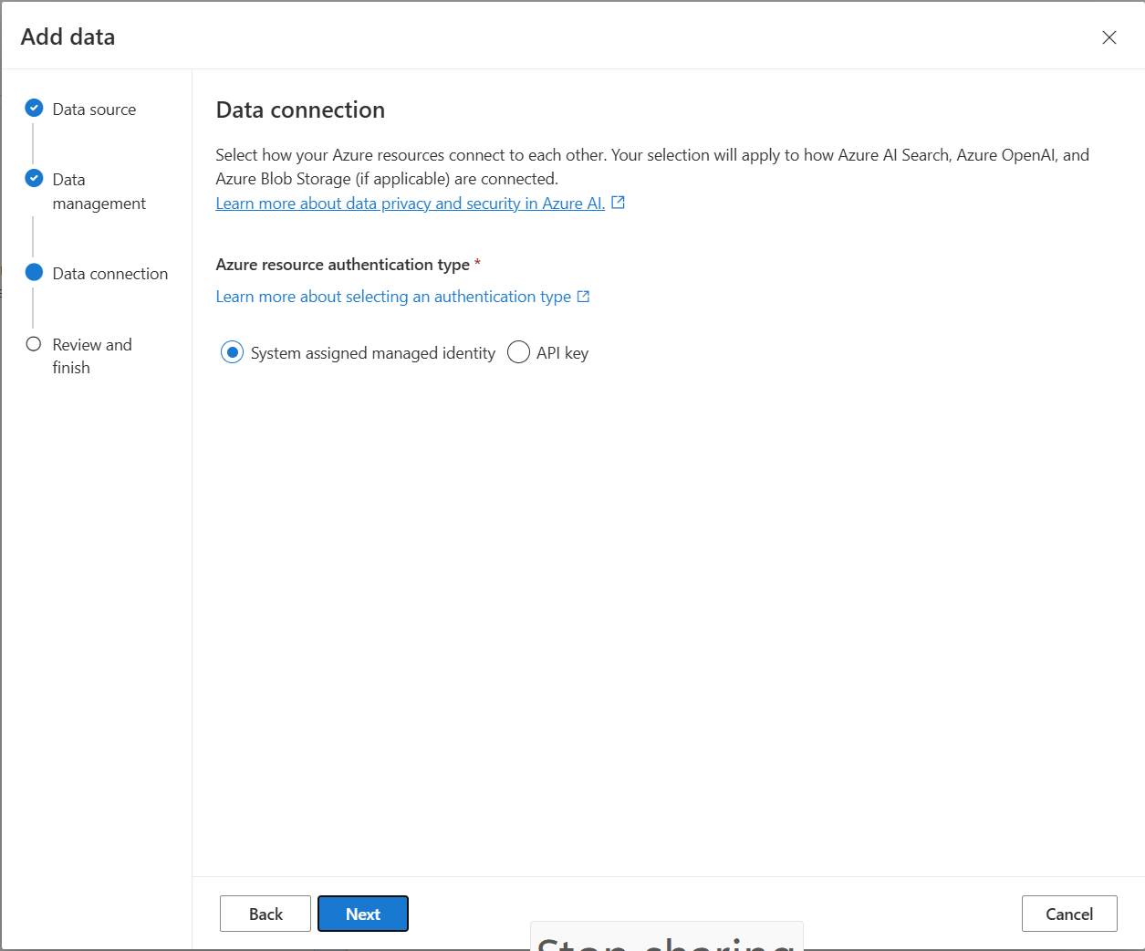 A screenshot showing the managed identity option in Azure AI Foundry portal.