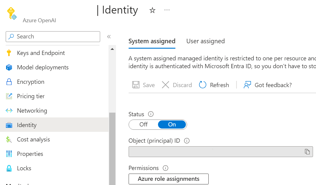 A screenshot showing the system assigned managed identity option in the Azure portal.