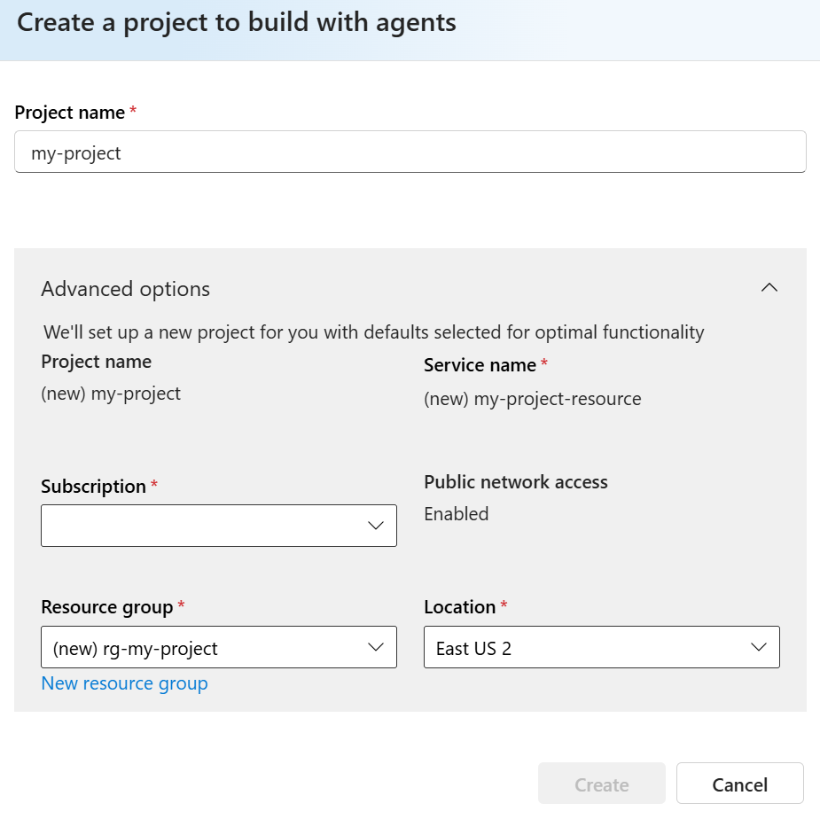 A screenshot of the advanced options for creating a project.