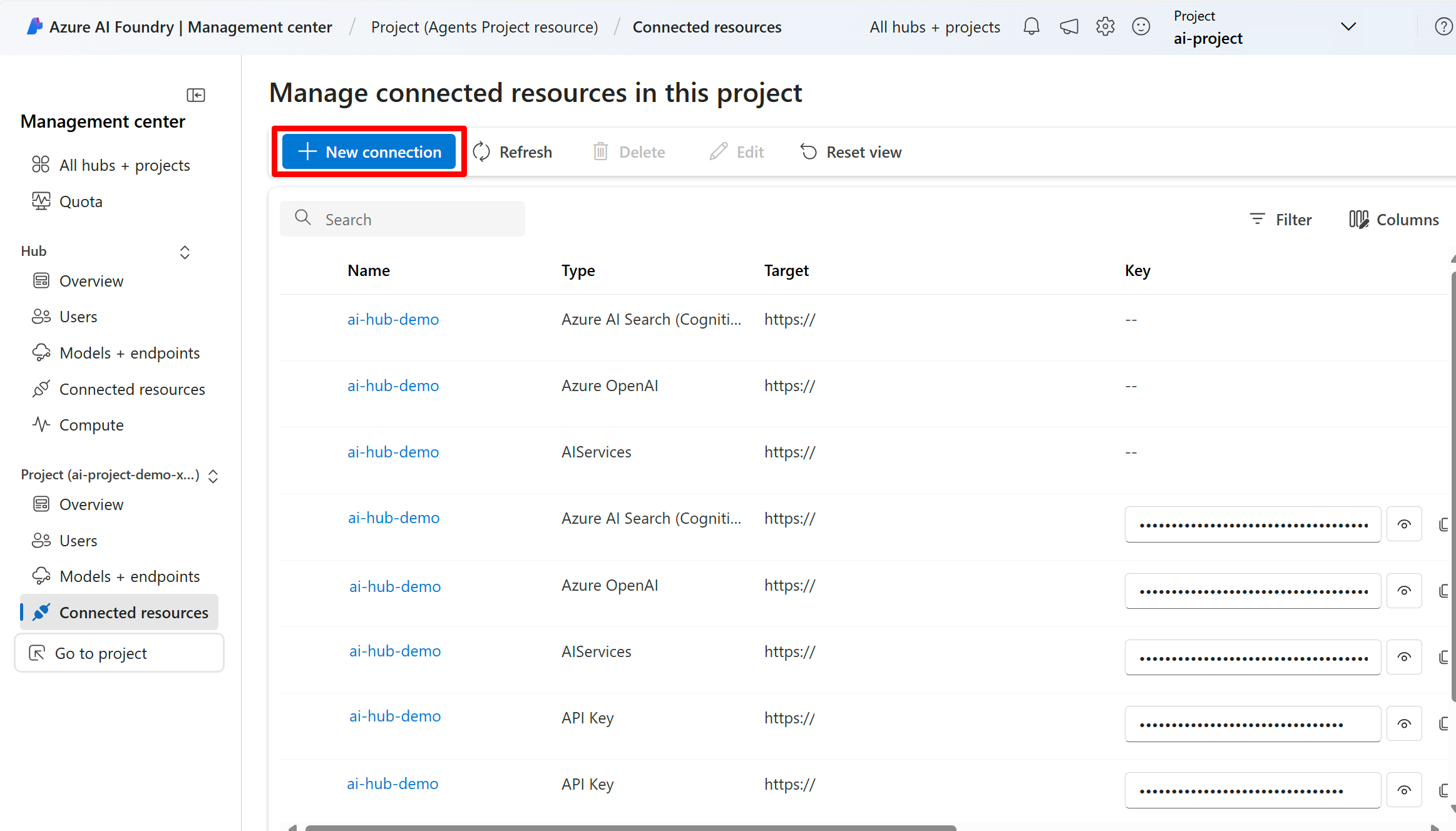 A screenshot of the project connections page.