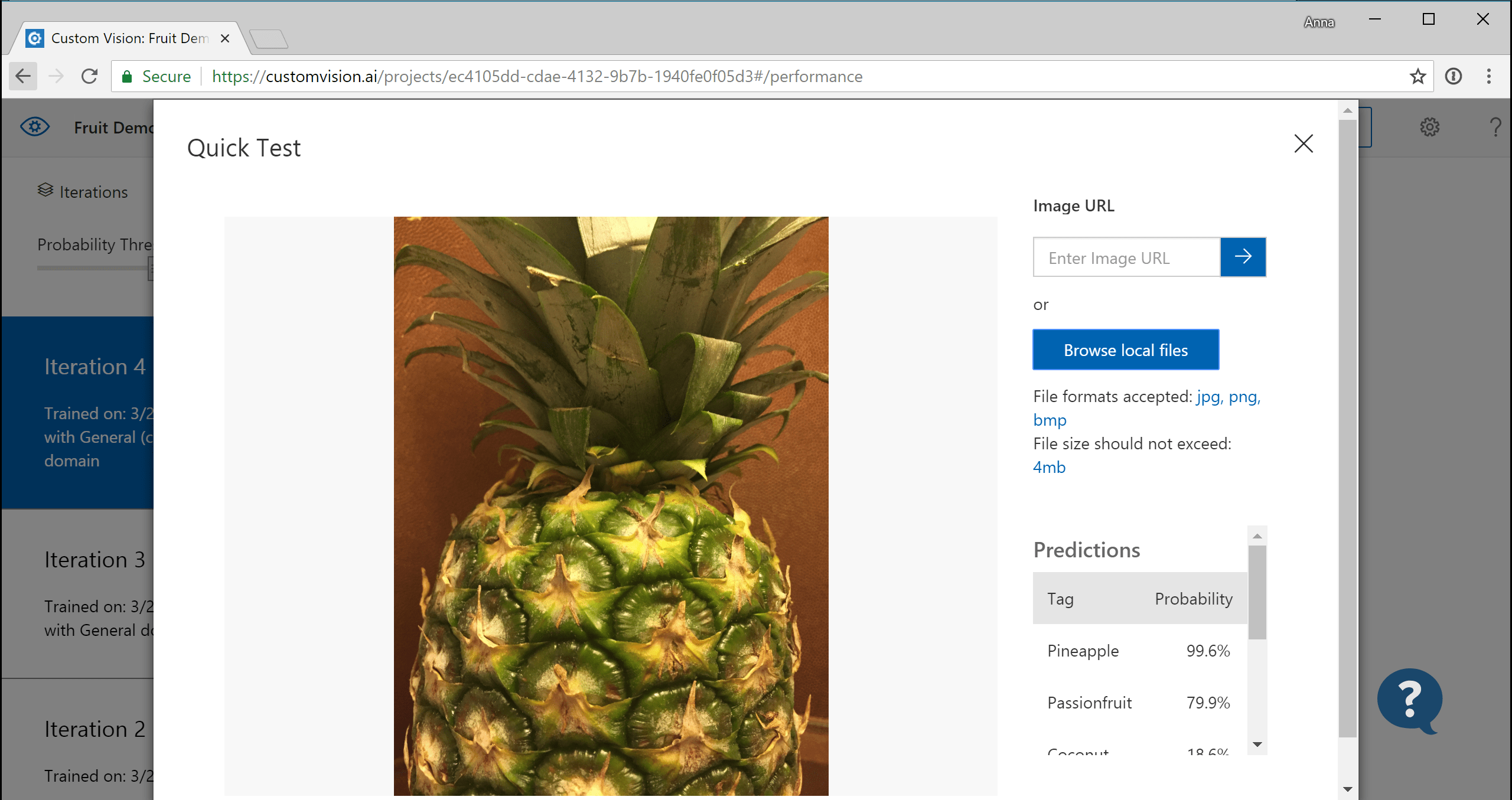 Screenshot of an image on the Custom Vision website with predicted tags.