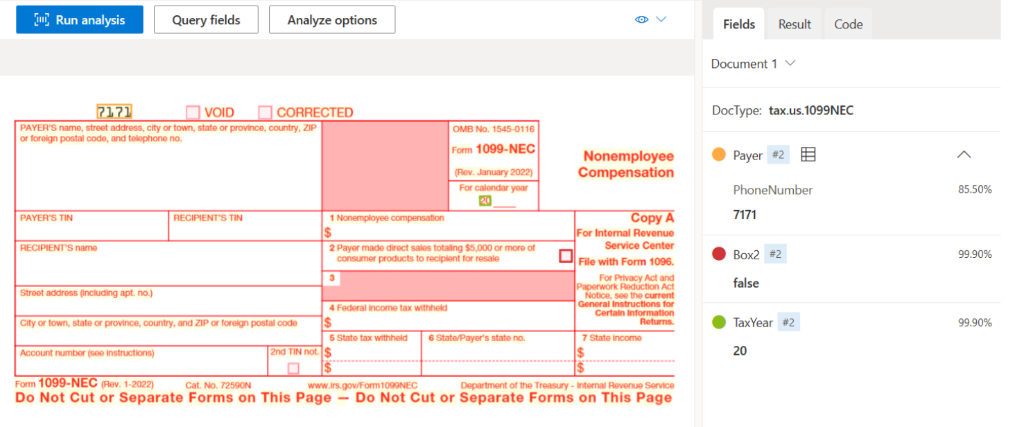 Screenshot that shows US 1099 tax form analyzed in the Document Intelligence Studio.