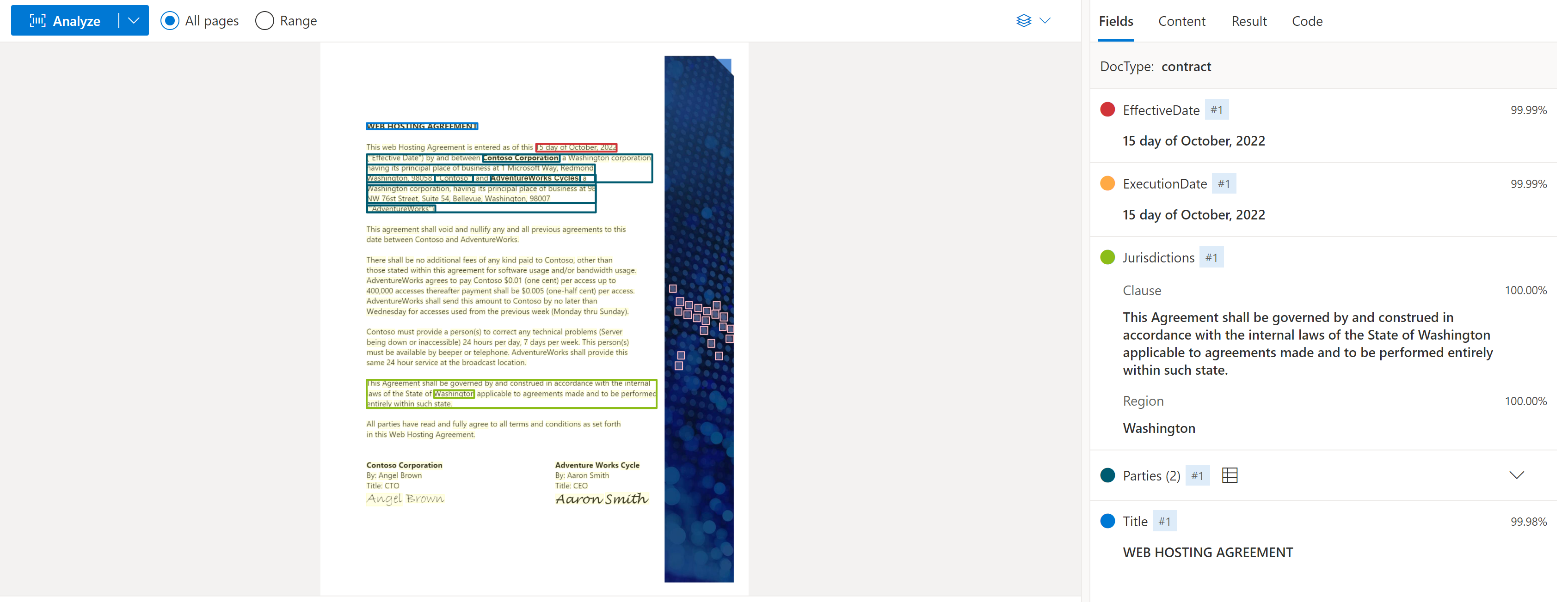 Screenshot that shows Contract model extraction by using Document Intelligence Studio.