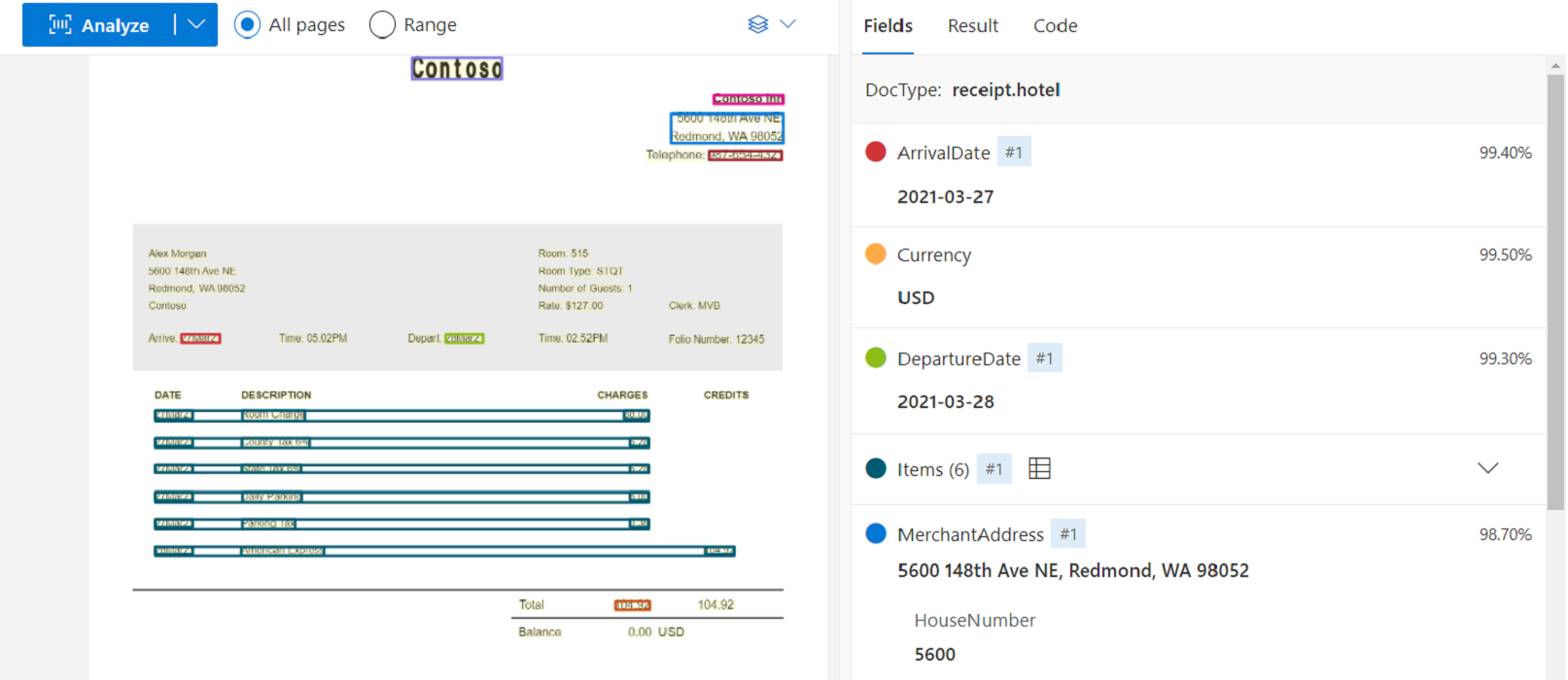 Screenshot that shows Receipt model analysis by using Document Intelligence Studio.