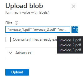 Screenshot that shows the Upload blob pane in the Azure portal.