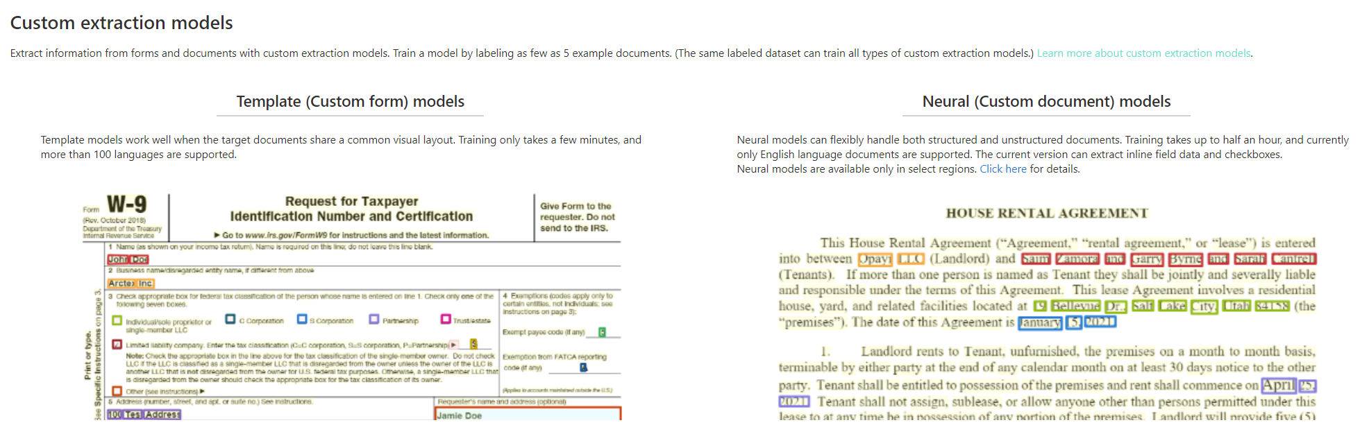 Screenshot that shows custom extraction model analysis in Document Intelligence Studio.