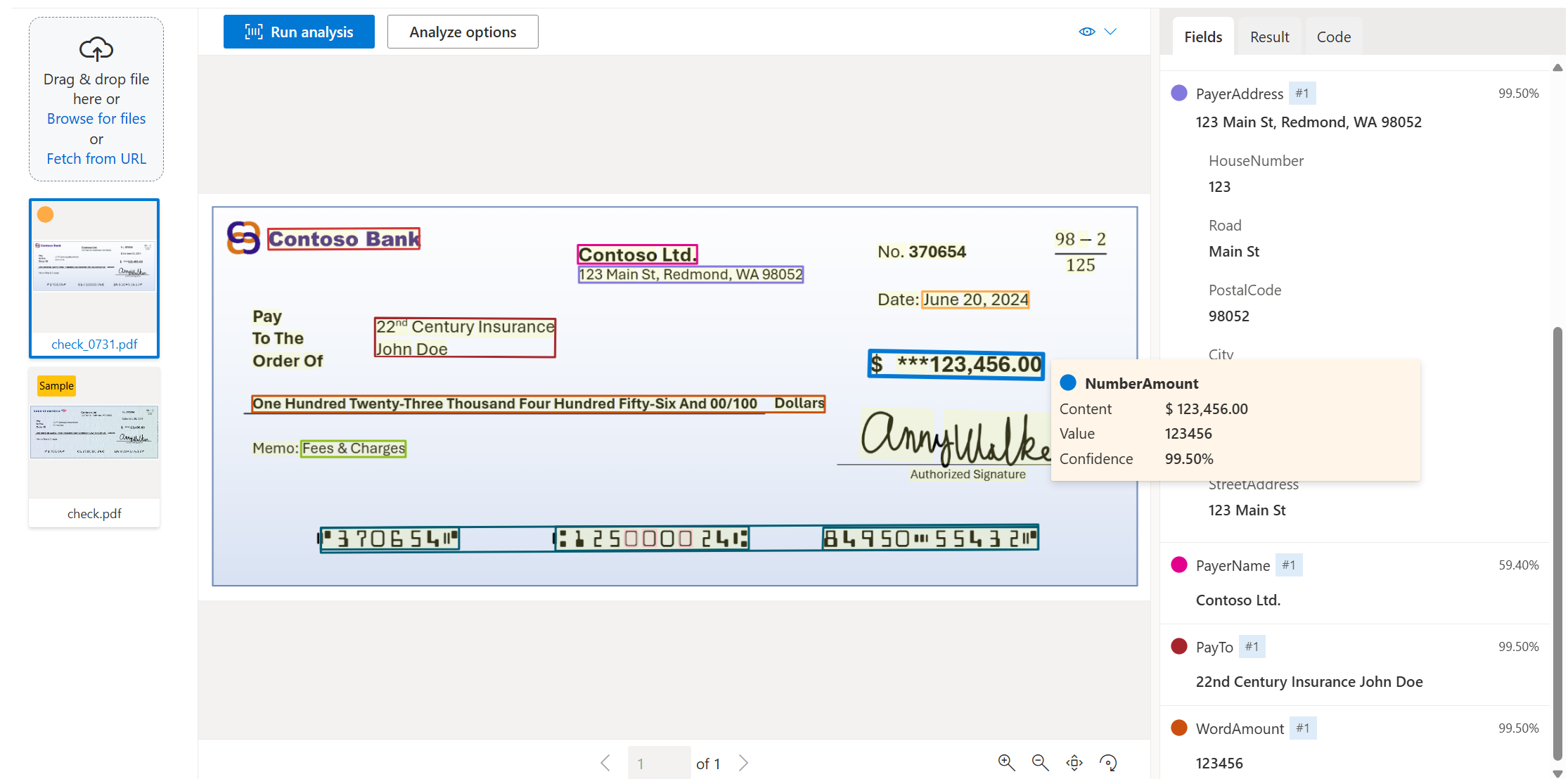 Screenshot that shows Check model analysis by using Document Intelligence Studio.
