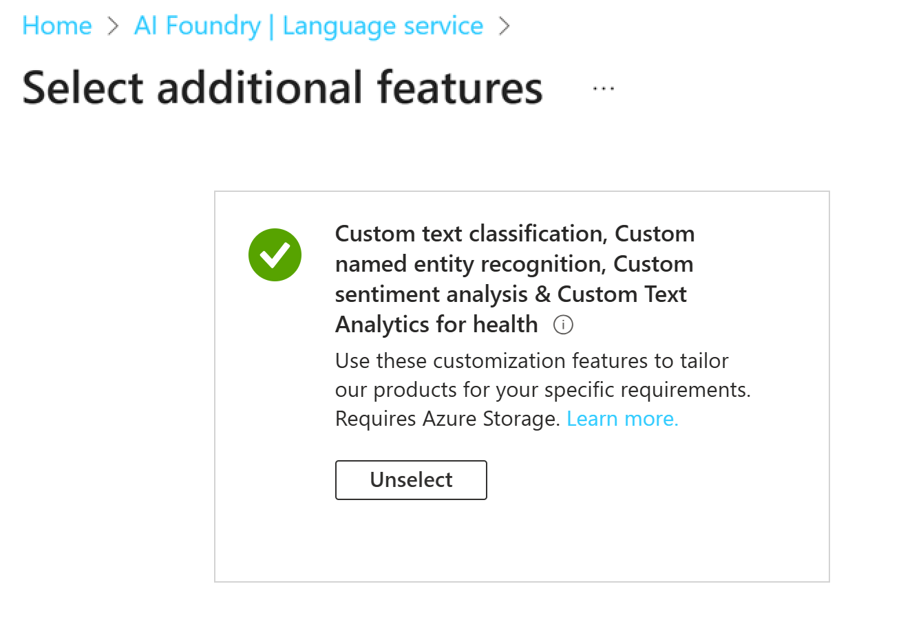Screenshot of the select additional features option in the Azure AI Foundry.