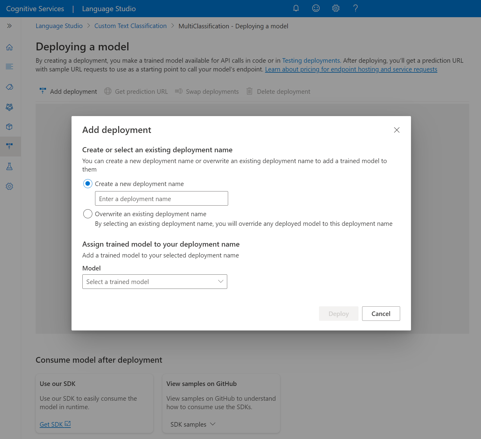 A screenshot showing the deployment screen