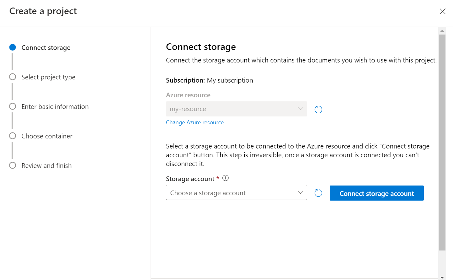 A screenshot of the storage connection screen for custom classification projects.