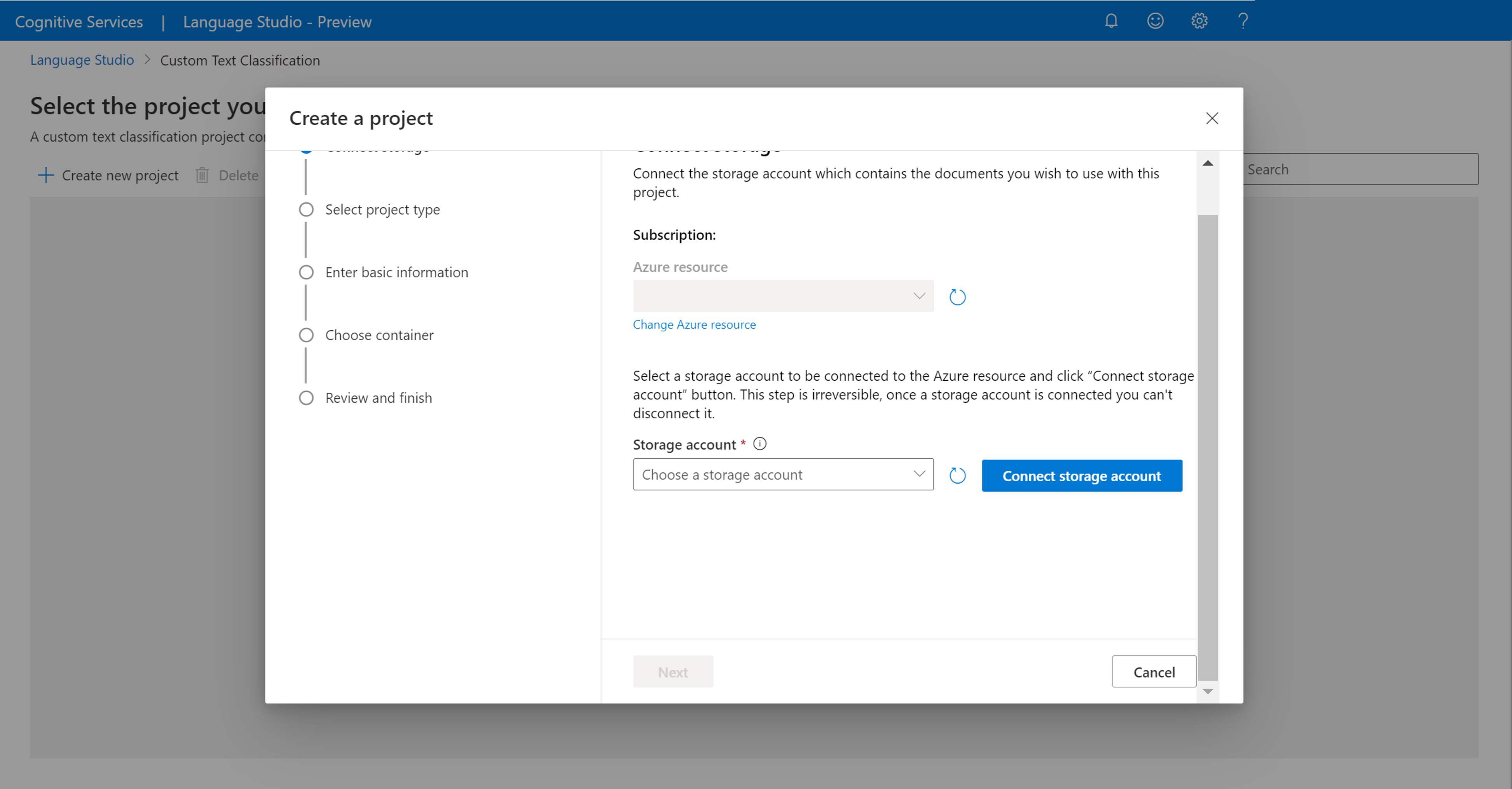 A screenshot of the custom text classification project creation page.
