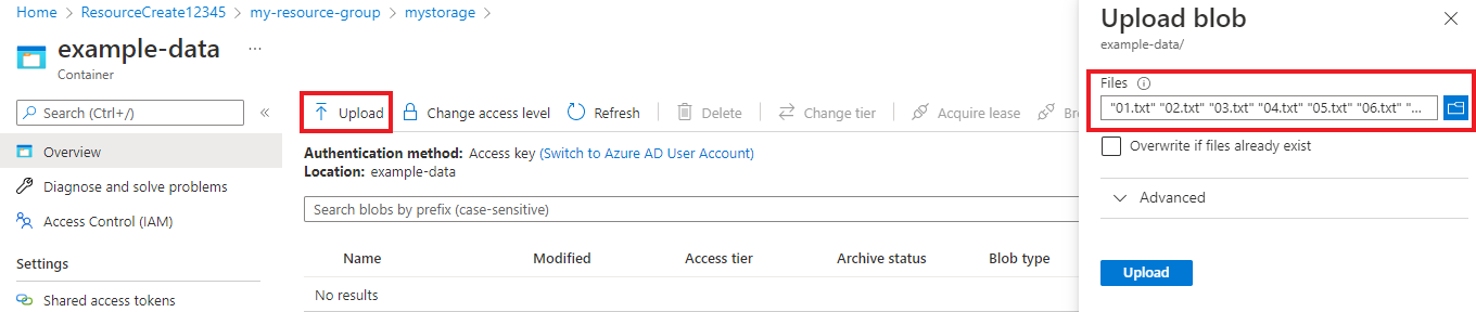 A screenshot showing the button for uploading files to the storage account.