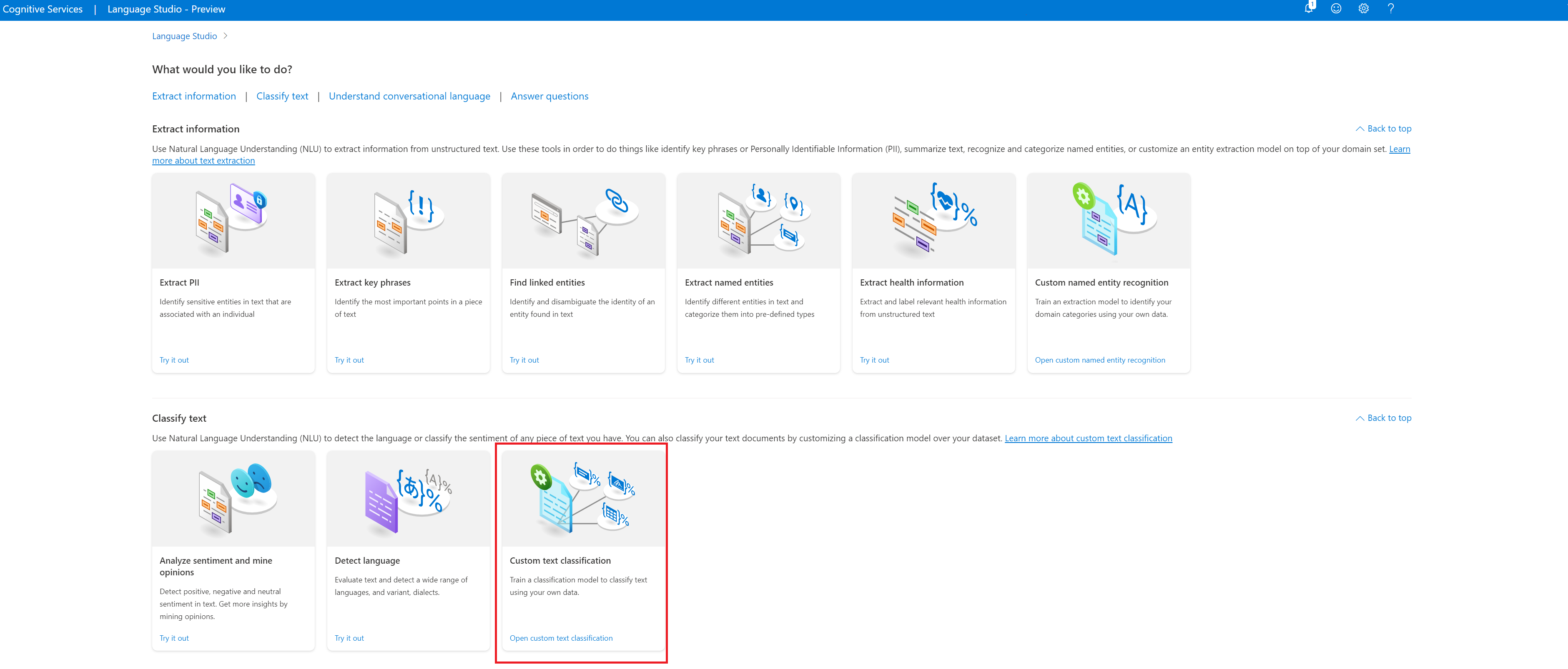 A screenshot showing the location of custom text classification in the Language Studio landing page.