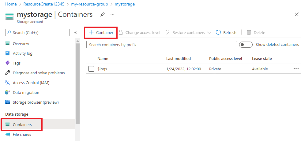 A screenshot showing the main page for a storage account.