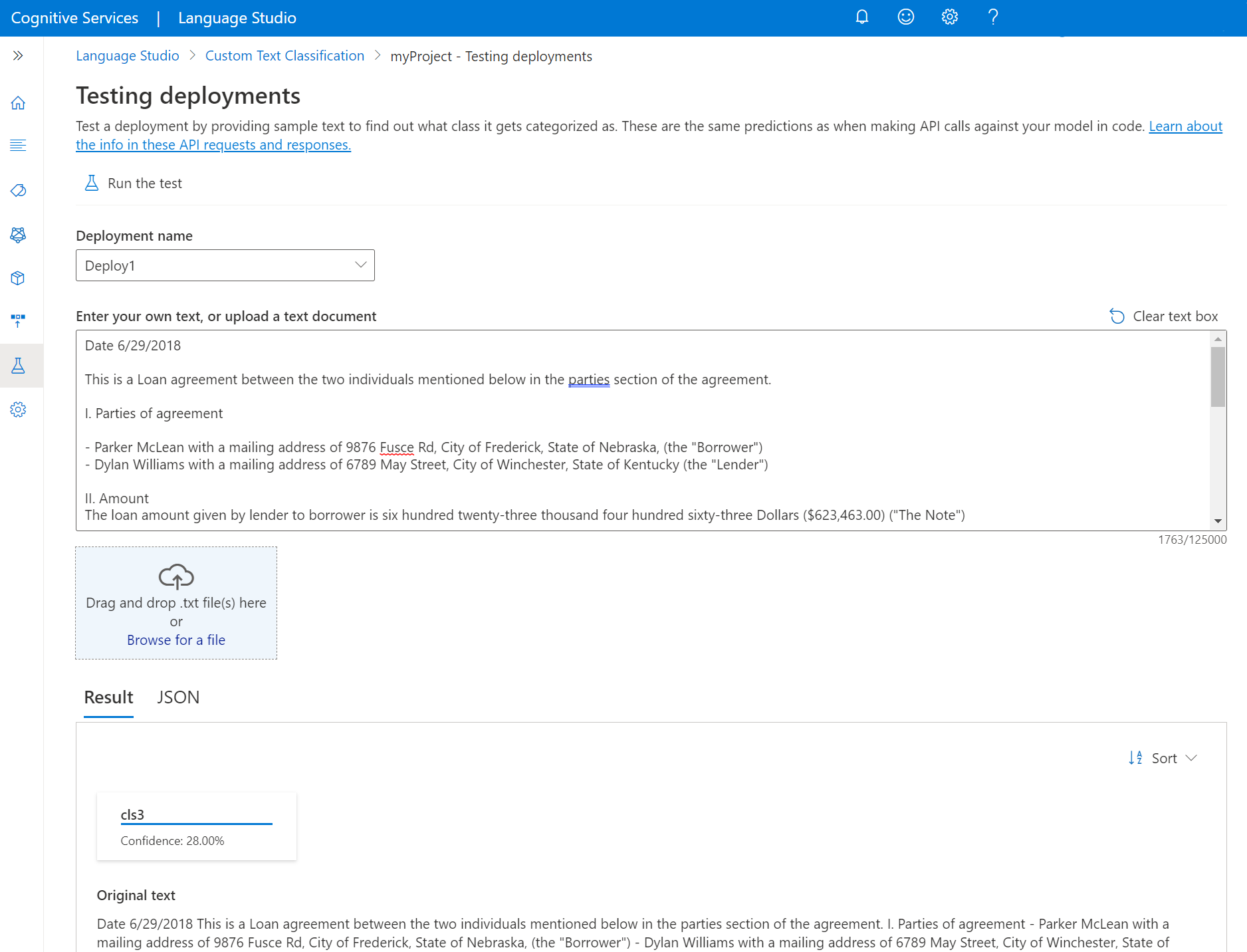 A screenshot showing model test results for a single label classification project.