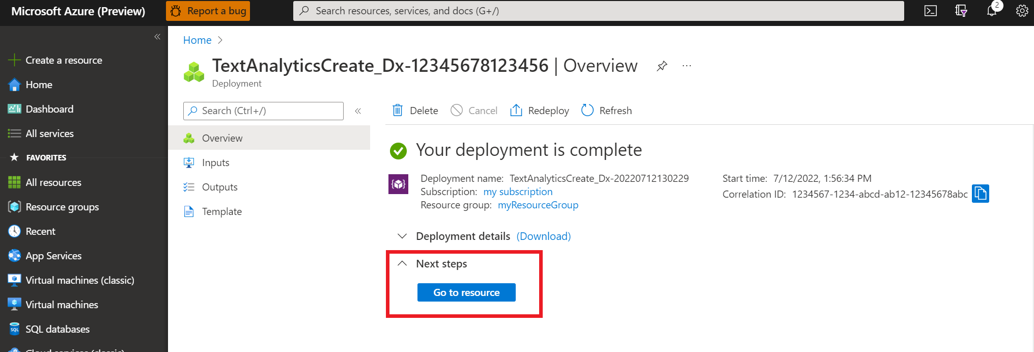 A screenshot showing the next steps after a resource has deployed.