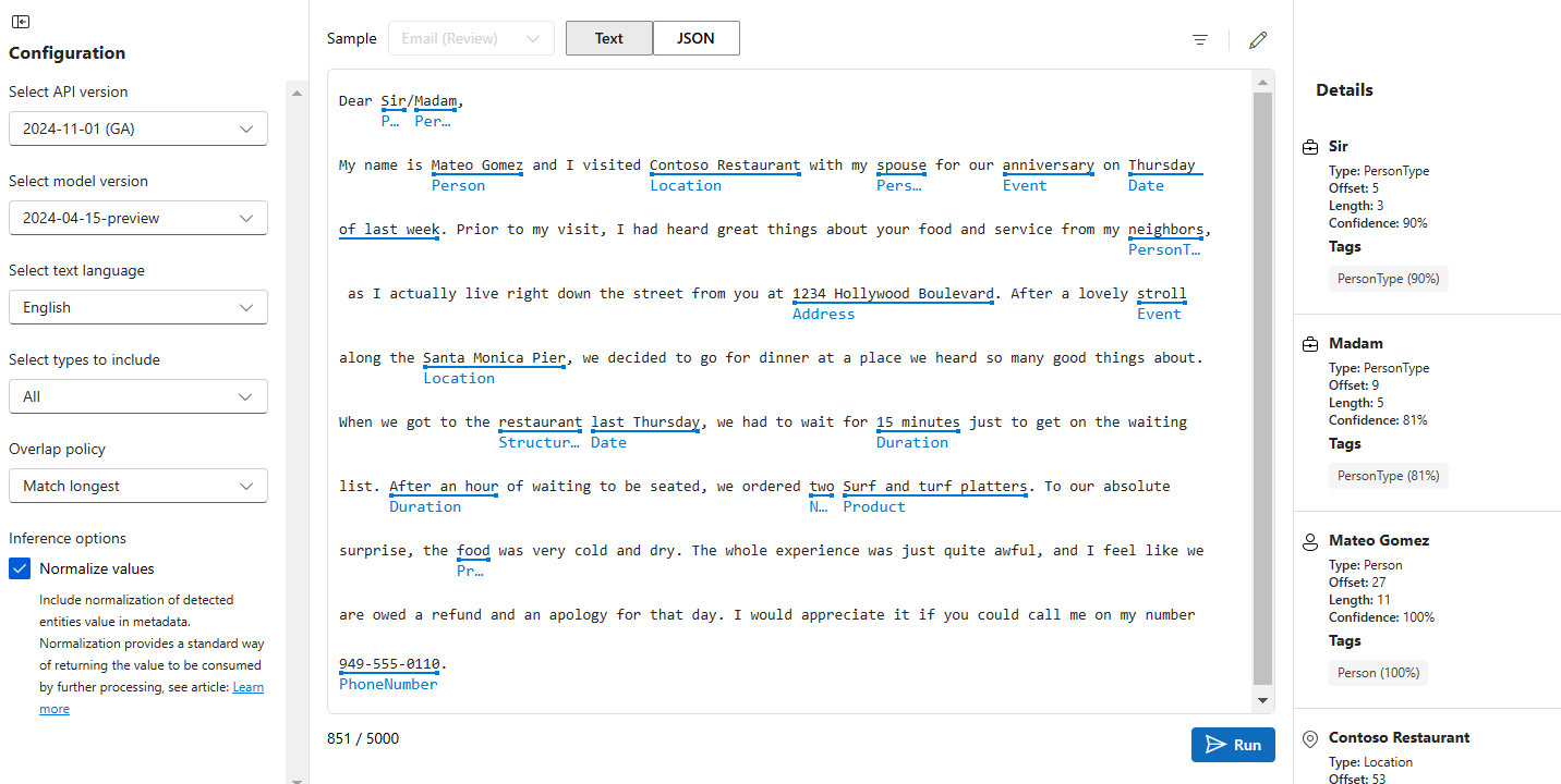 A screenshot of an example of extract named entities in Azure AI Foundry portal.