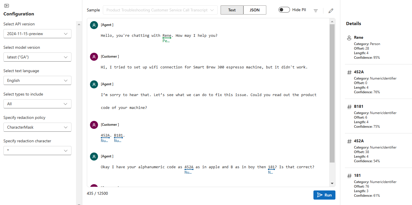 A screenshot of an example of extract PII from conversation in Azure AI Foundry portal.