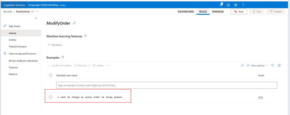 A screenshot of the intents details page, with a highlighted utterance.