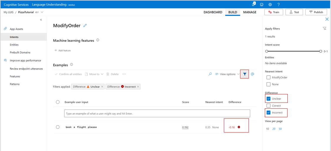 A screenshot showing how to find and fix utterance prediction errors, using the filter option.
