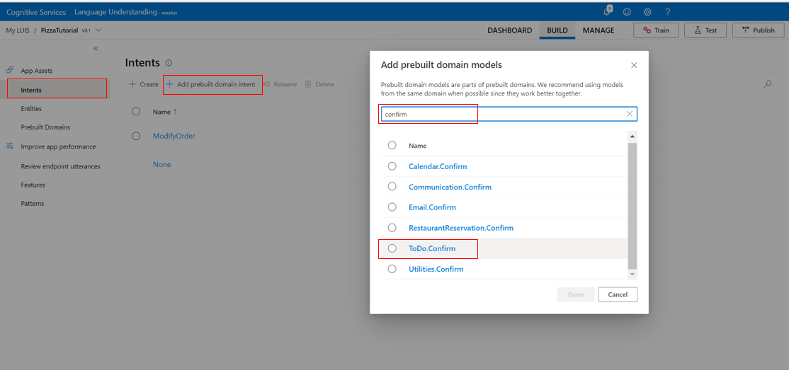 A screenshot showing the menu for adding prebuilt intents.