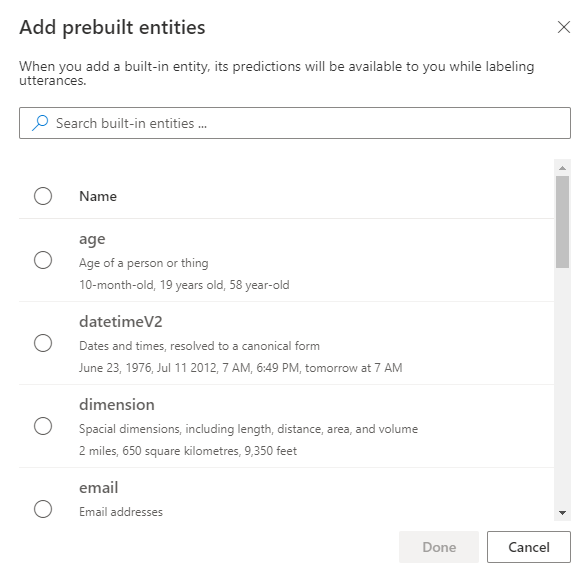 A screenshot showing the dialog box for a prebuilt entity.