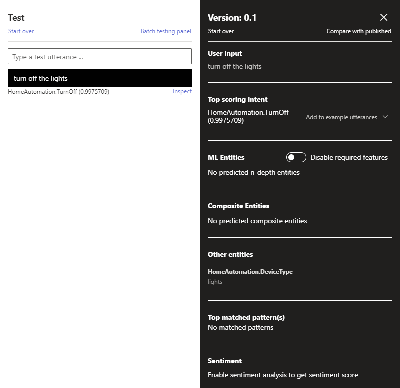 Screenshot of test panel with inspection information