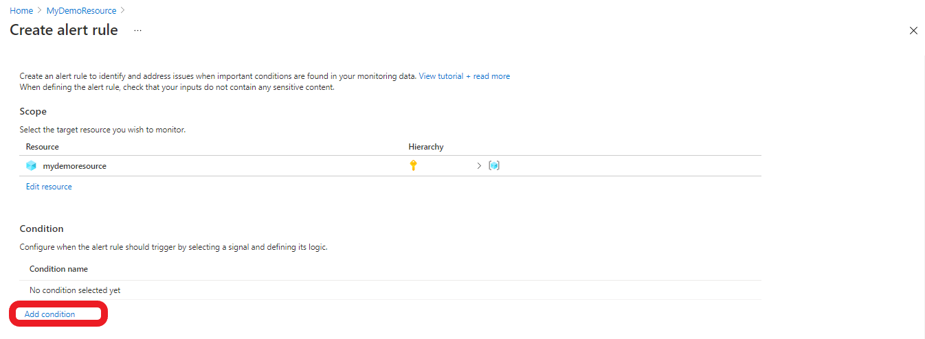 Screenshot that shows the add condition page for alert rules.
