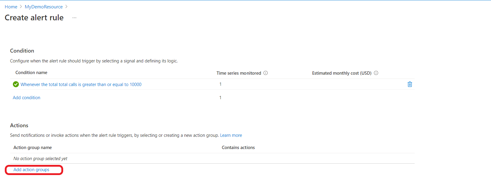 Screenshot that shows the actions page for alerts.